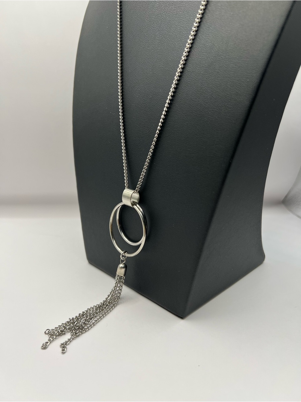 Silver-Tone Double Ring Pendant Necklace with Tassel